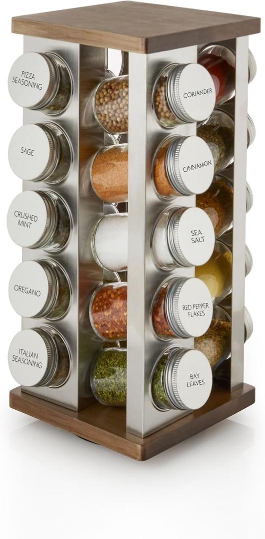 Kamenstein 20 Jar Vintage Spice Rack with Spices Included, Revolving Countertop Spice Organizer with Glass Jars, Labeled Caps, Removable Sifter Discs