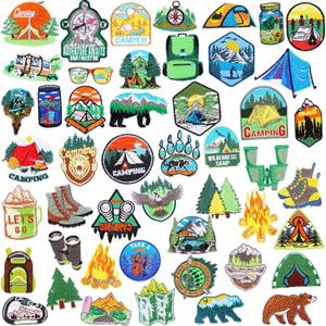Hotop 48 Pcs Camping Theme Iron on Patches Adventure Outdoor Mountain Backpacking Sew on Patches Hiking Embroidered Applique for Jeans Jackets Clothes Backpack Cap DIY Crafts Sew Making