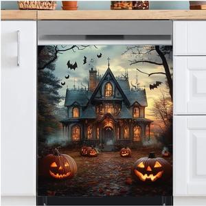Haunted House Dishwasher Magnet Full Door Cover, Halloween Pumpkin Kitchen Decor Magnetic Dishwasher Cover Vinyl Decal, Happy Halloween Fridge Stickers Front Door Cover, Easy Update, 23Wx26H Inches
