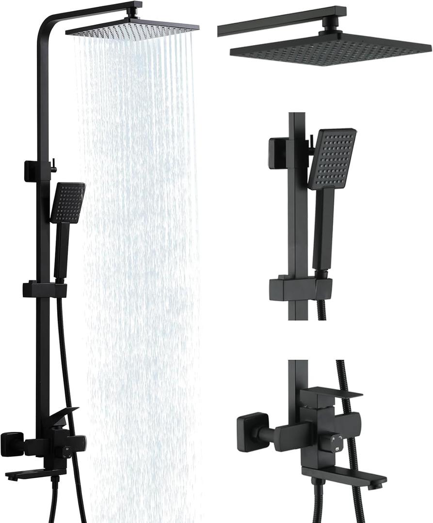 Taplong Matte Black Outdoor Shower Fixture Exposed Bathroom Shower Faucet Set,Shower System with 9" Rain Shower Head Handheld Sprayer Single Handle, SUS304 Triple Function Wall-Mounted Faucet