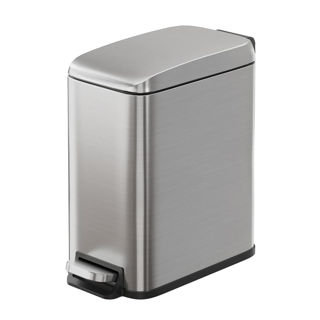 WLIVE 1.3 Gallon / 5 Liter Bathroom Trash Can with Lid, Small Stainless Steel Garbage Can, Slim-Shaped Trash Bin with Step Pedal for Home and Office, Silver.