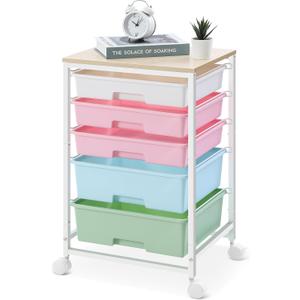 Utility Cart with 5 Drawers,Storage Drawer Cart with Wooden Tabletop and Lockable Wheels,Craft Storage Trolley Cart,5-Tier Rolling Utility Cart on Wheels,Rainbow