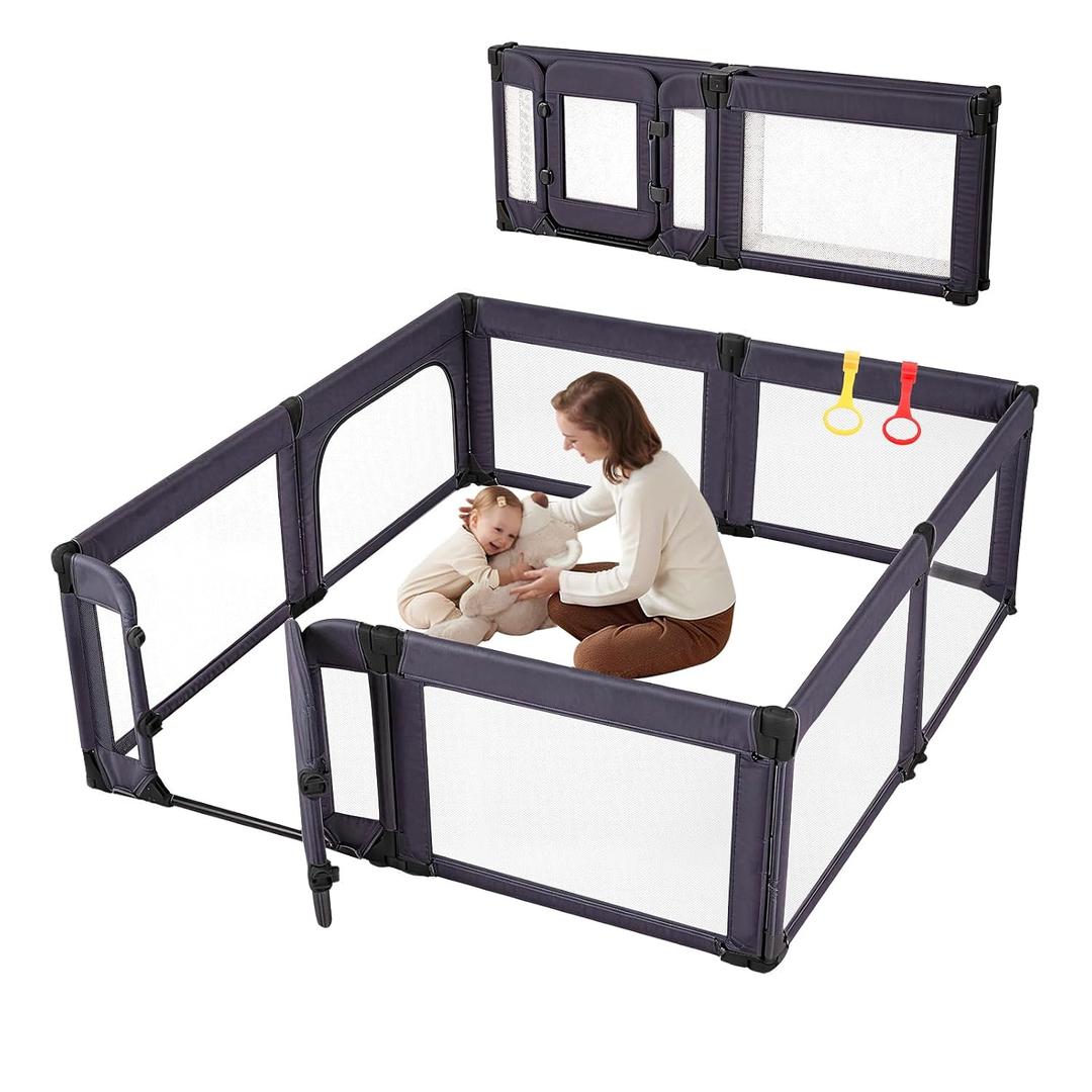 Large Baby Playpen for Babies and Toddlers 79x71 Inch, Adjustable Foldable Indoor & Outdoor Play Pen for Toddlers Twins Baby Fence Play Yards with Breathable Mesh Anti-Fall Playpen,Dark Grey