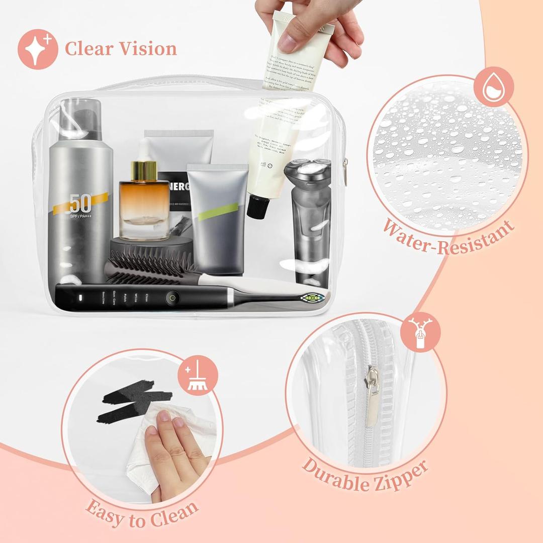 TISRATOK 9 PCS Clear Makeup Bag for Women with Zipper, TSA Approved Toiletry Pouch, Cosmetic Bag Bulk for Travel Organizer Essentials - White,Small