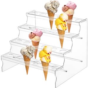 yarlung Acrylic Ice Cream Cone Display Stand, 24 Holes Clear Food Cone Holder Rack, 4 Layer Waffle Sushi Hand Roll Stand for Party Buffets, Birthday, Wedding, Christmas