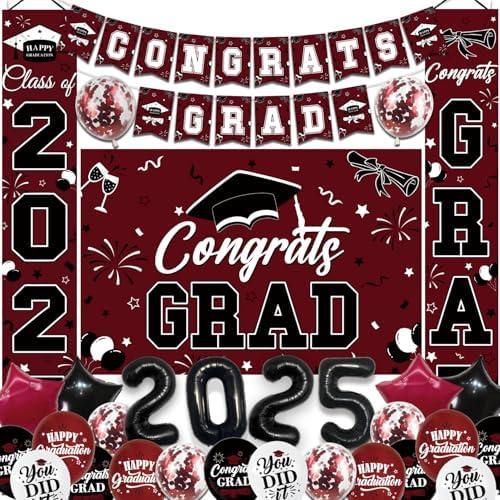 NUTTYBASH Graduation Decorations Class of 2025, Maroon Graduation Party Decorations Set Includes Congrats Grad Backdrop Banner, 2025 Foil Balloons and Latex Balloons, Graduation Party Supplies