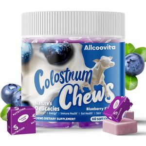 2 x Allcoovita Bovine Colostrum Chews Supplement with probiotics for Gut Health, Bloating, Immune Support, Skin, Hair Growth and Beauty - Blueberry Flavor (60 Servings)