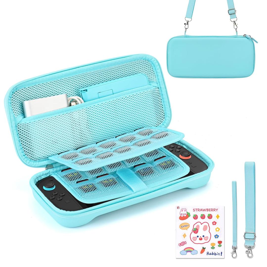 Younik Switch 2 Case Compatible with NS Switch 2 (2025), Carrying Case with 19 Game Card Slots, 4 in 1 Switch 2 Accessories Includes Shoulder Strap, Wrist Strap & Stickers (Blue)