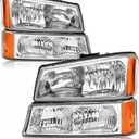 Headlights Assembly for 2003-2006 Chevy Silverado 1500/2500/3500 | 2003-2006 Avalanche 1500/2500 | 2007 Chevy Silverado Classic Chrome Housing Amber Reflector Replacement Pair