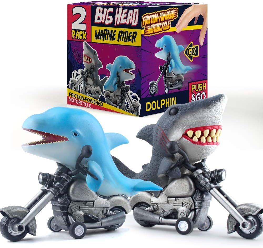 DINOBROS Shark Toy Car 2 Pack Friction Powered Motorcycle Monster Sea Animal Game Great White Shark and Dolphin Toys