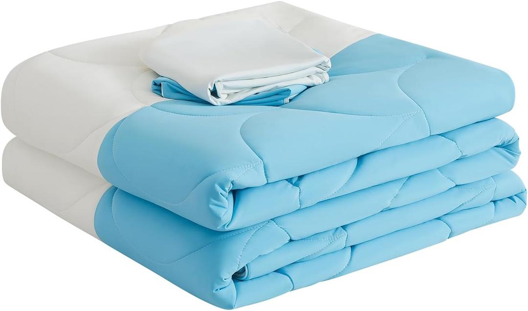 Cooling Blanket for Hot Sleepers - Queen Size Lightweight Breathable Tencel Blend, Double Sided All-Season Comforter, Temperature Regulating & Machine Washable (Blue+White, Queen (90''x90''))