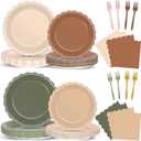 96pcs Woodland Baby Shower Decorations Brown Sage Green Plates and Napkins Woodland Party Scalloped Disposable Dinnerware Brown Sage Green Tableware for Wedding Forest Safari Animal Theme Supplies