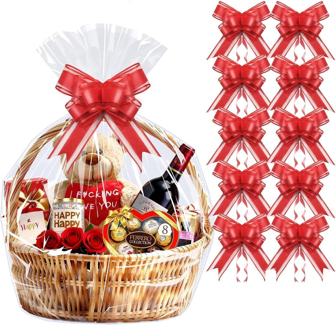 PigPotParty 24x30 Inch Large Cellophane Bags for Gift Baskets with Red Ribbon Bows, 10 Pack Clear Plastic Basket Wrap with Decorative Ties for Birthday, Mother's Day, Wedding Present