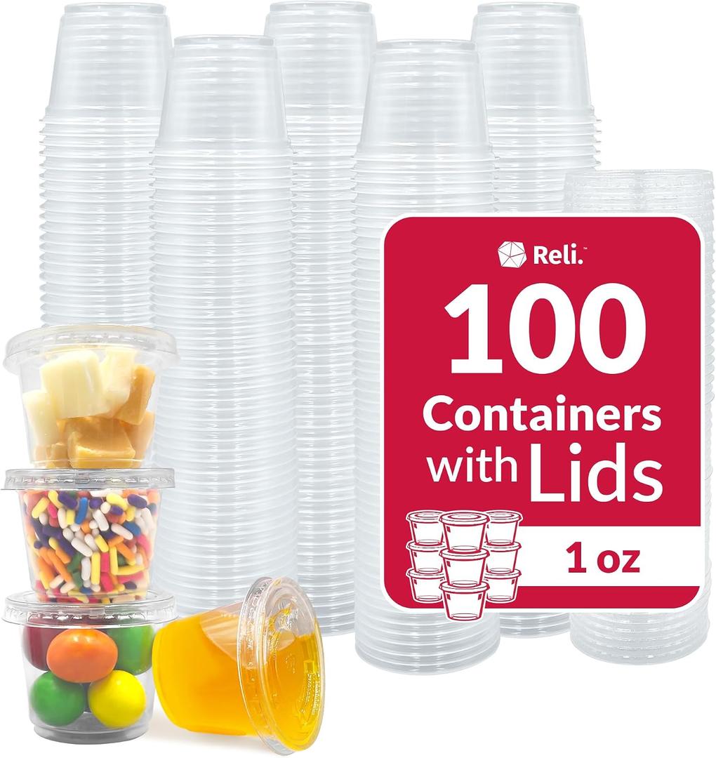 Reli. 1 oz Condiment Containers with Lids (100 sets) | Ideal for Sauce, Souffle, Samples, Jello Shot Cups | Disposable, BPA-Free Plastic | Small Containers 1oz, Bulk