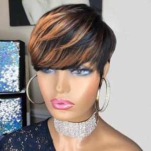 Pixie Cut Wig Human Hair for Women Highlight Brown Short Straight Wigs 100% Real Human Hair Pixie Cut Wig with Bangs Full Machine Made Color F1b33
