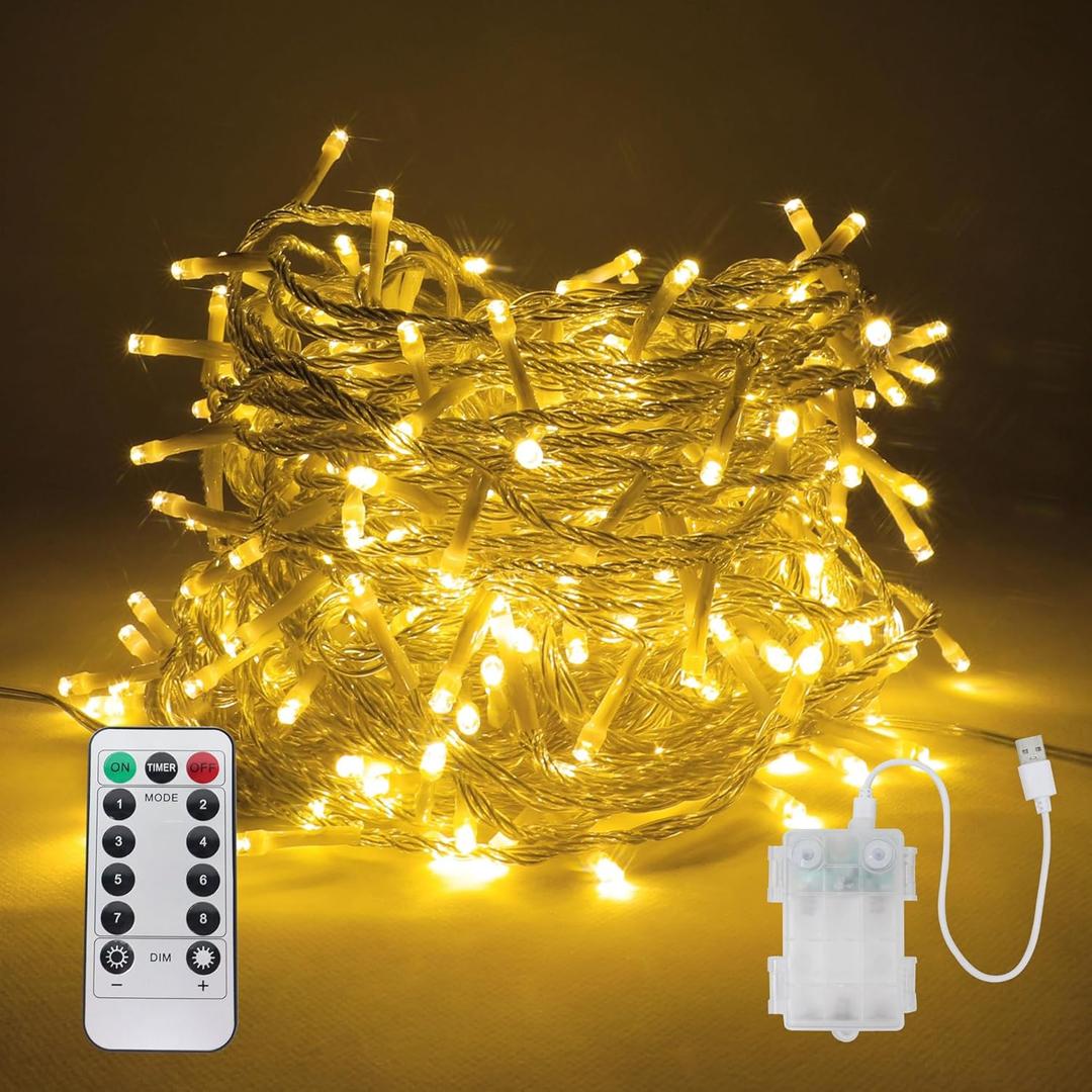 33 FT 100 LED Fairy Lights USB Battery Operated Clear Wire with Remote Control, 8 Modes String Lights with Timer Starry Twinkle Lights for Indoor Bedroom Party Christmas, Warm White