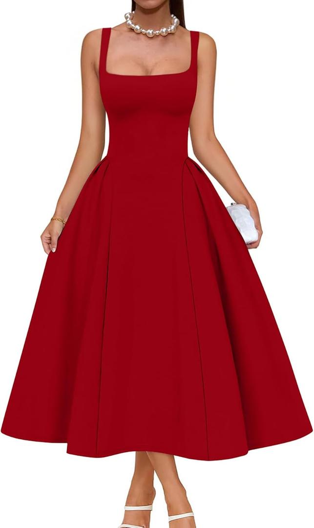 Memoriesea Women's Elegant Square Neck Swing A Line Wedding Evening Party Midi Dress (Red)