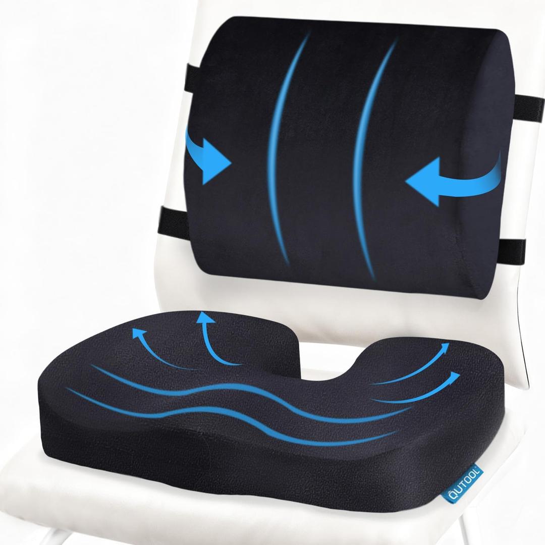 QUTOOL Seat Cushion and Lumbar Support Set for Office Chair Supports Lower Back & Hips for Long Sitting Comfort, Helps Maintain a Comfortable Sitting Position, Ergonomic Memory Foam, Washable Cover, Cushion18"x 14"x 3" Lumbar Pillow13" x 13"x 4"