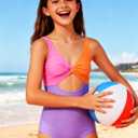 Funnycokid Girls One Piece Swimsuit Color Block Teen Bathing Suit with Pad Cover Up Skirt(7-16Y)