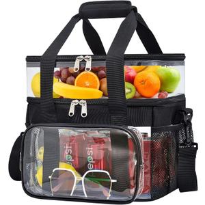 Double -Deck Clear Lunch Bag for Work with Adjustable Shoulder Strap and Top Compartment for Work, Picnic, Beach, School