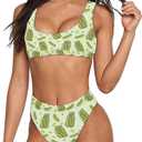 ELEQIN Women Printed Two Pieces High Waisted Cheeky Bikini Sets Low Scoop Crop Swimsuit (Medium, Funny Pickles)