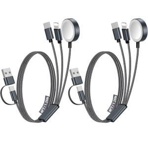 2Pack Multi Fast Charging Cable for Apple Watch Charger, iPhone Charger, [3-in-2 Travel Essentials]USB A/ Type C/ Lightning Cable for iWatch Ultra/ SE/ 10-2, iPhone 16-11, Galaxy S25-21, Airpods, iPad-4FT Black