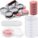 Reallnaive Mini Burger Press with 200 Patty Papers and 6 Storage Containers 6 Slots Meat Sausage Patty Maker Paper Sheets Set for Small Burger Barbecue, Make 6 Pieces at Once