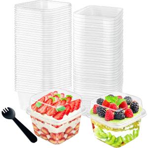 100Pcs 8oz Plastic Dessert Cups with Lids and Spoons,Disposable Parfait Cup Square Cake Containers for Party Favor, Mousse, Yogurt, Pudding, Snacks, Fruits, 50 Sets