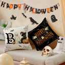 Happy Halloween Ghost Boo Pillow Covers Trick or Treat 18 x 18 Inch Throw Pillows, Black Cat Spooky Pumpkin Spider Web Decorative Farmhouse Seasonal Cushion Case for Sofa Couch Set of 4