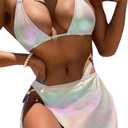 Women's Sexy Liquid Metallic Diamond Triangle Bikini Bathing Suit Tie Side Thong with Glitter Skirt 3 Piece Swimsuit (Medium, White)