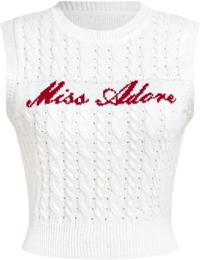 WDIRARA Women's Plus Size Sweater Vests Letter Crew Neck Sleeveless Knit Tank Tops (X-Large Plus, White)