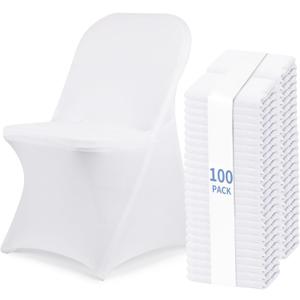 Fixwal 100 Pcs White Folding Chair Cover, Spandex Stretch Covers Ideal for Wedding, Party, Dining, Business Meeting, Banquet, Universal Fitted Washable Slipcover.