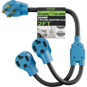 Elecan 30 Amp Dryer/EV Y Splitter Adapter Cord, 4 Prong NEMA 14-30P to 2X 14-30R for Power Extension Outlet Plug & Level 2 EV Charging Tesla, Heavy-Duty, STW, Waterproof, 10 AWG 125/250V-ETL-Blue-2FT