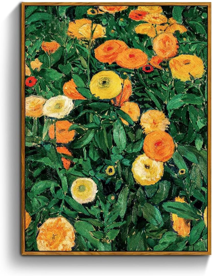 crmotu Vintage Framed Wall Art, Botanical Wall Art, Floral Wall Decor, Daisy Nature Decor Art Prints, Wildflower Landscape Rustic Canvas Paintings for Living Room Bedroom Kitchen Farmhouse 12x16in (Marigolds)