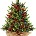 24 Inch Realistic Snowy Tabletop Christmas Tree PE&PVC Branches Small Christmas Tree with 50 Warm White & Colored Lights Battery Red Berries Pine Cone Indoor Home Table Christmas Decorations (Cyan)