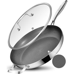 12 Inch Non-Stick Ceramic Stainless Steel Frying Pan - With Lid & Helper Handle, Induction Compatible Skillet, Dishwasher & Oven Safe Up to 600F, Detachable Handle, Perfect for 4 People