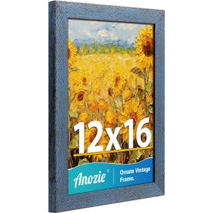 12x16 Frame, Vintage 12x16 Picture Frame Plexiglass Glass for Wall Display, Rustic 12 x 16 Photo Picture Frame Large, Antique Blue Collage Gallery Wall Picture Frames, Widen Border