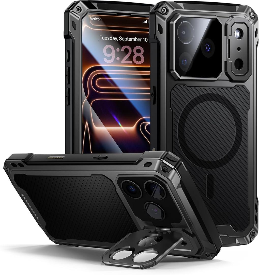 Lanhiem for iPhone 17 Pro Max Metal Case with Kickstand, Compatible with MagSafe, Built in Tempered Glass Screen Protector, Heavy Duty Shockproof Rugged Phone Cases, Full Body Tough Cover 6.9" (Black)