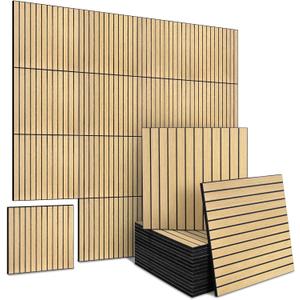 16-Pack Peel and Stick Acoustic Wall Panels, 11.8" x 11.8" PET Soundproof & Noise Cancelling Acoustic Felt, Self-Adhesive 3D Sound Absorbing Slat Wall Paneling for Interior Wall Decor, Natural Oak