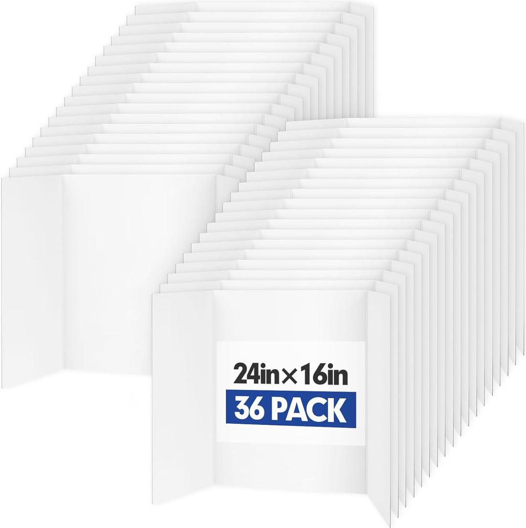 Trifold Poster Board,36 Pack 24" x 16" White Corrugated Poster Boards,Display Board,Perfect for School Projects, Science Fairs, Event Displays, and Business Presentations