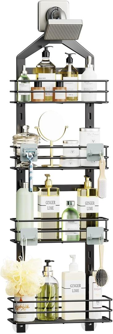 Orimade Adjustable Anti-slip Hanging Shower Caddy over Shower Head,Rustproof Bathroom Hanging shower Organizer with 4 Hooks for Razor,No Drilling Shower shelves Storage Rack,Black 4 Tier