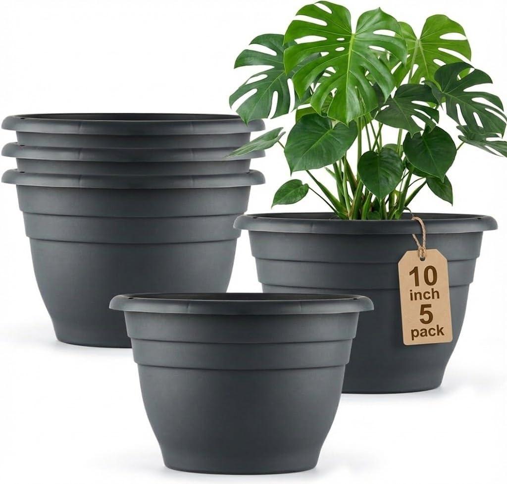5 Pack 10 Inch Plant Pots for Indoor Outdoor,Plastic Floor Planters with Drainage Holes,Lightweight Flower Pots for Home,Patio & Garden(Grey) (Gray)