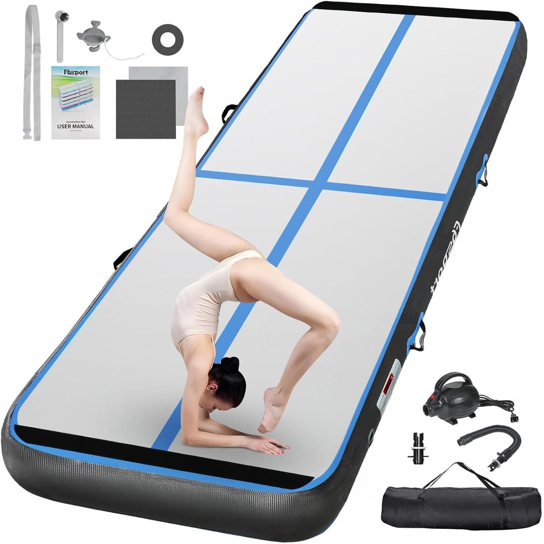 FBSPORT Inflatable Air Gymnastics Mat Training Mats 4/8 inches Thickness Gymnastics Tracks for Home Use/Training/Cheerleading/Yoga/Water with Pump (6.6ft*3.3ft*4in(2*1*0.1m), Black Blue)