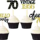 24 Pcs Glitter 70th Birthday Cupcake Toppers for Celebrating 70th Birthday Party Decorations for Seventy Years Old Birthday Party Supplies (Black&Gold)