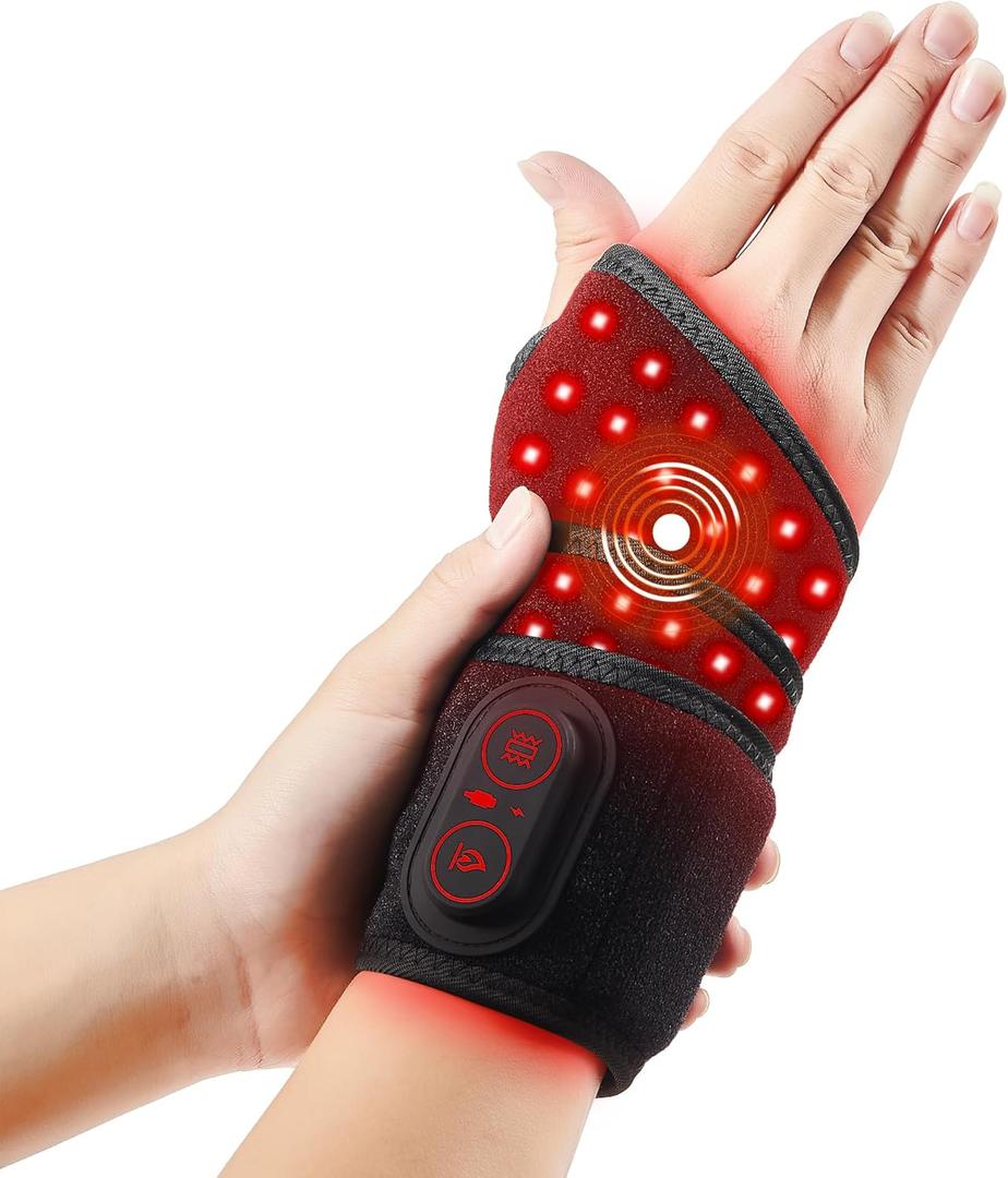 Red Light Cordless Wrist Heating Pad Massage for Carpal Tunnel with 3000mAh Battery,Hand Arthritis,Wrist Pain Relief, Heated Wrist Brace for Left Right Hand, Vibration and Adjustable Heat Settings