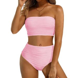 High Waisted Bandeau Bikini Set - Women Strapless Two Piece Swimsuits Ribbed Longline Full Coverage Bathing Suits Swimwear (Medium, Light Pink)
