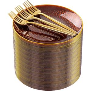 Rubtlamp 200Pcs Brown Plastic Dessert Plates with Gold Rim, 6inch Fancy Amber Plastic Plates Include 100 Hammered Appetizer Plates and 100 Disposable Gold Forks for Party Wedding Birthday