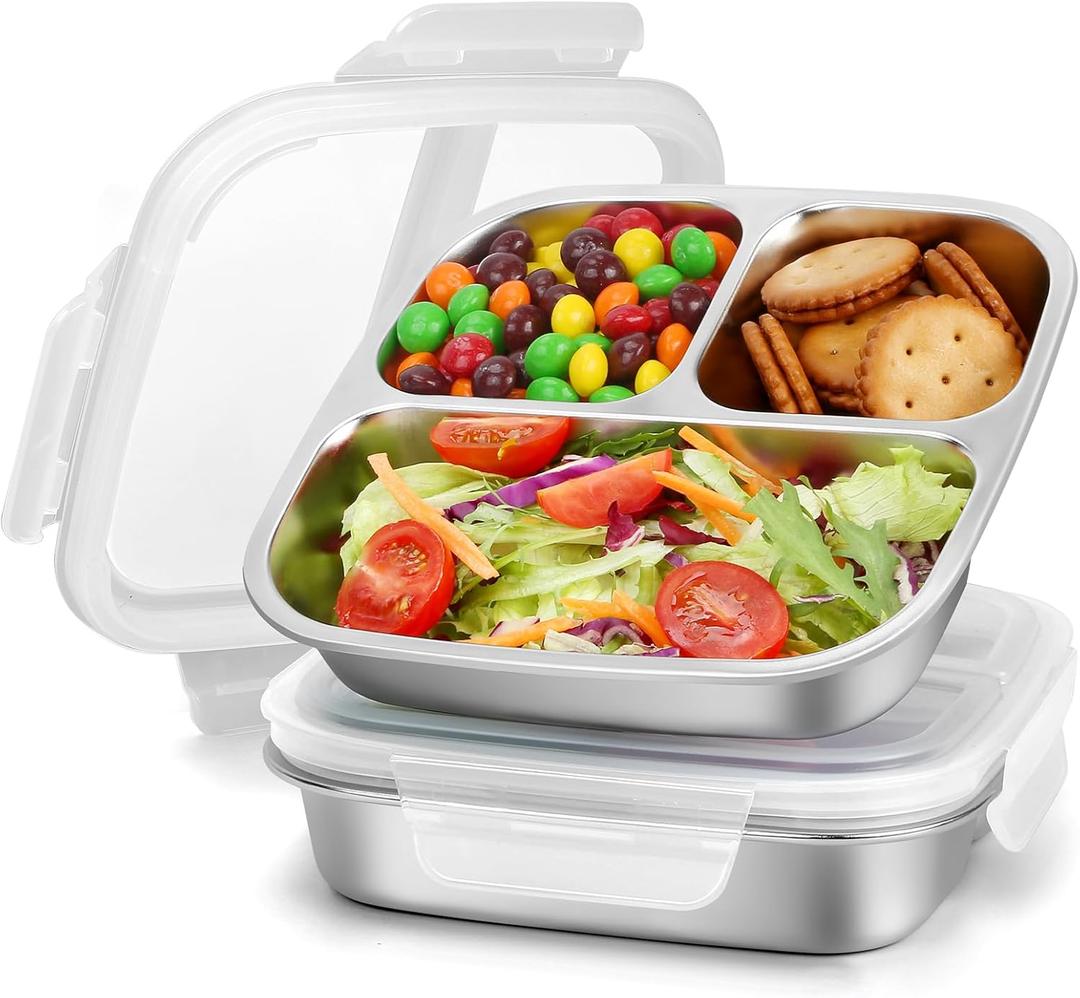RAOOKIF 2 Pack Stainless Steel Snack Containers with Lids, 3-Compartment Leak-Proof Food Storage Containers, 20 oz Reusable Grab-and-Go Bento Box for School, Home, Office, and Camping, Dishwasher-Safe