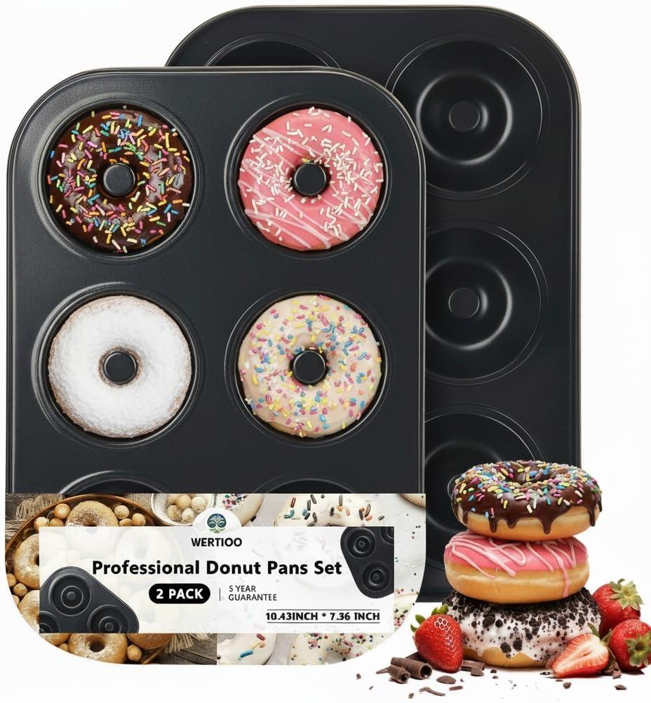 WERTIOO Donut Pans 2 Pack, Non-Stick 6-Cavity Mini Baking Pans, High-grade Carbon Steel Donut Mold - Bagels Doughnuts Biscuit Cake Baking Tray Maker Pan, Dishwasher, Oven, Freezer Safe