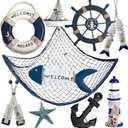 10 PCS Wood Coastal Wall Hanging Ornament Decoration, Nautical Mediterranean Style Beach Wooden Lighthouse, Anchor, Boat, Rudder, Oar, Life Ring, Ship, Starfish, Fishing Nets, Steering Wheel Sailing Home Decor